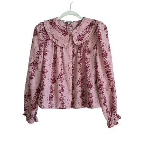 FRANCESCA'S Vicki Pink Floral Bib Puff Sleeve‎ Collar Blouse Women's XS Romantic
